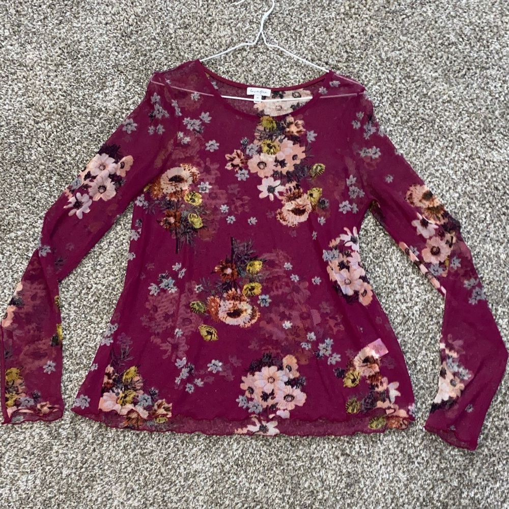 π 3/$15 love, Fire Burgundy Floral Sheer Blouse - Picture 2 of 2
